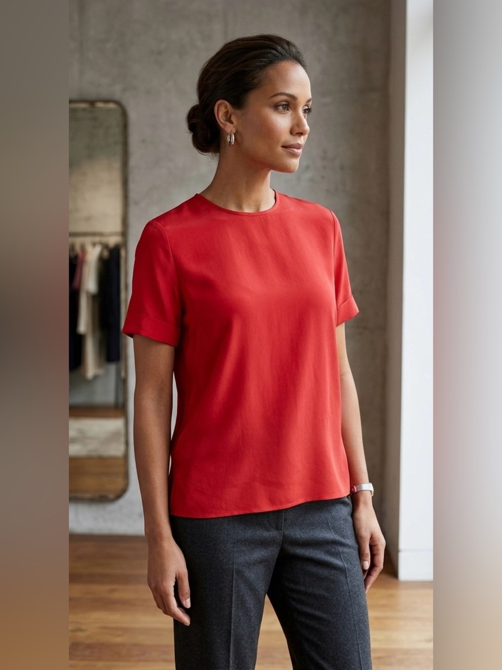 JAEGER‎ 100% Silk Short Sleeve Blouse - Red Minimalist Quiet Luxury Top